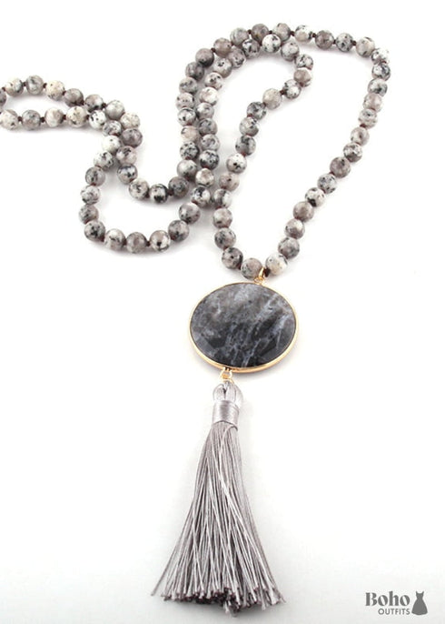 Boho Necklace, RH Amazonite Jasper, Circle Tassel Green White Natural Stone